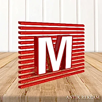 Alüminyum yan bant kutu harf M logo kırmızı beyaz 3D dekoratif harf tabela görünümü