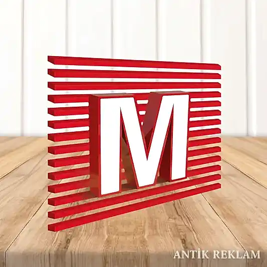 Alüminyum yan bant kutu harf M logo kırmızı beyaz 3D dekoratif harf tabela görünümü
