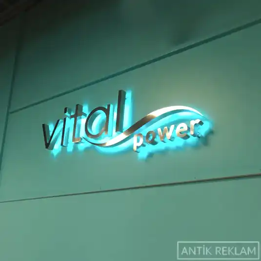 Vital Power paslanmaz kutu harf tabela endirek turkuaz halo aydınlatma iç mekan görünümü