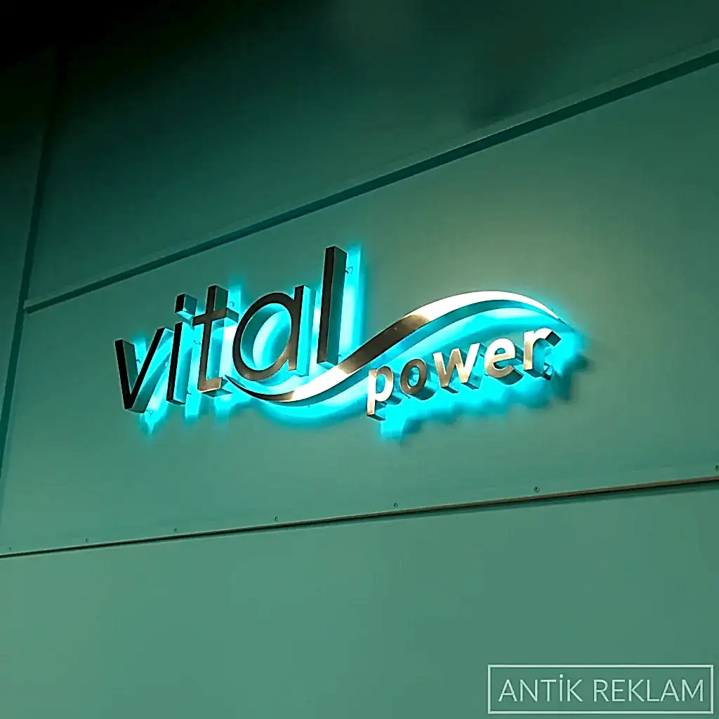 Vital Power paslanmaz kutu harf tabela endirek turkuaz halo aydınlatma iç mekan görünümü