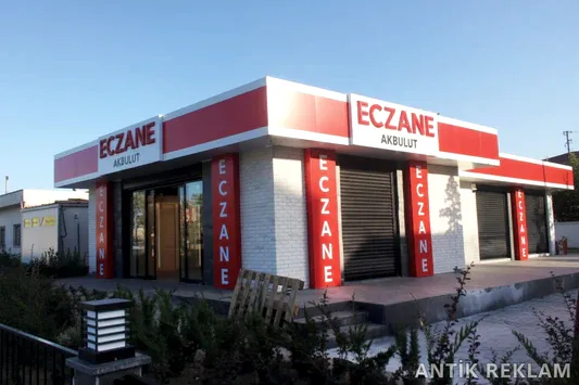 Akbulut Eczane şişirme kutu harf cephe tabela kırmızı zemin LED aydınlatmalı dış mekan uygulaması